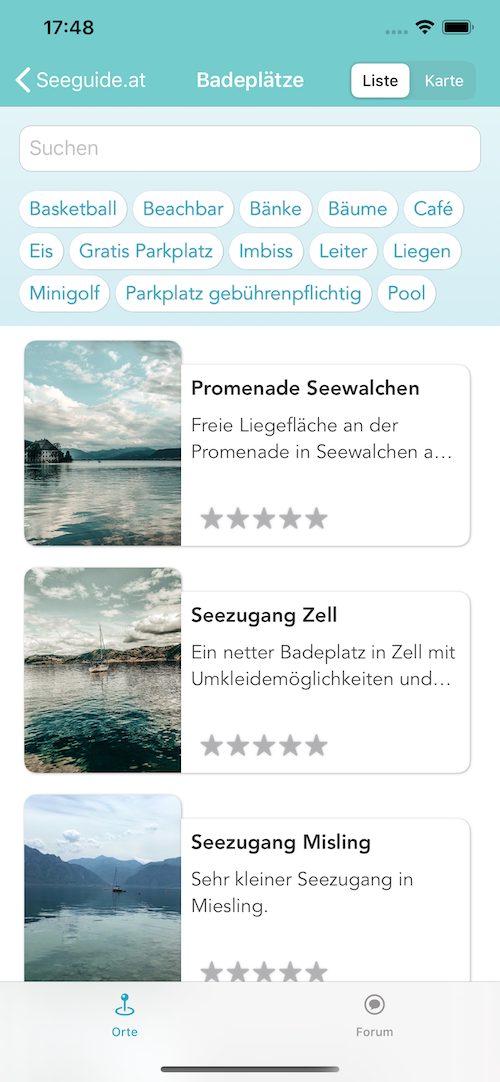 Liste mit Badeplätzen vom Attersee in der iOS App Seeguide.at