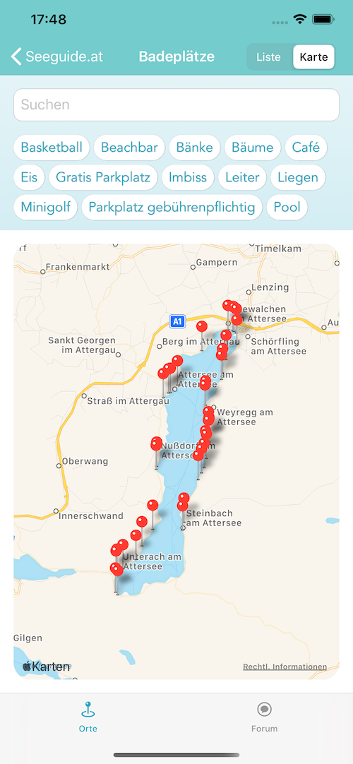 Karte mit allen Badeplätzen vom Attersee in der iOS App Seeguide.at